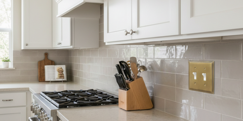 Modern kitchen with white cabinets, gas stove, knife block, and brass double light switch plate.