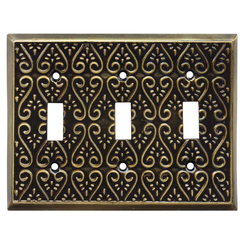 Filigree Antique Brass Triple Toggle Switch Plate Covers