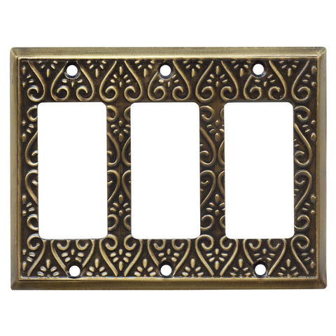Filigree Antique Brass Triple GFCI Rocker Switchplate Covers