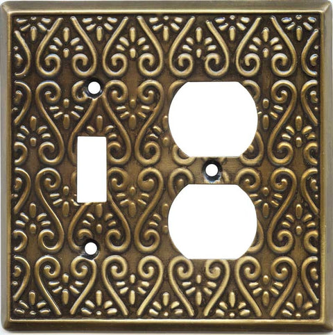 Filigree Antique Brass Toggle - Duplex Outlet Covers