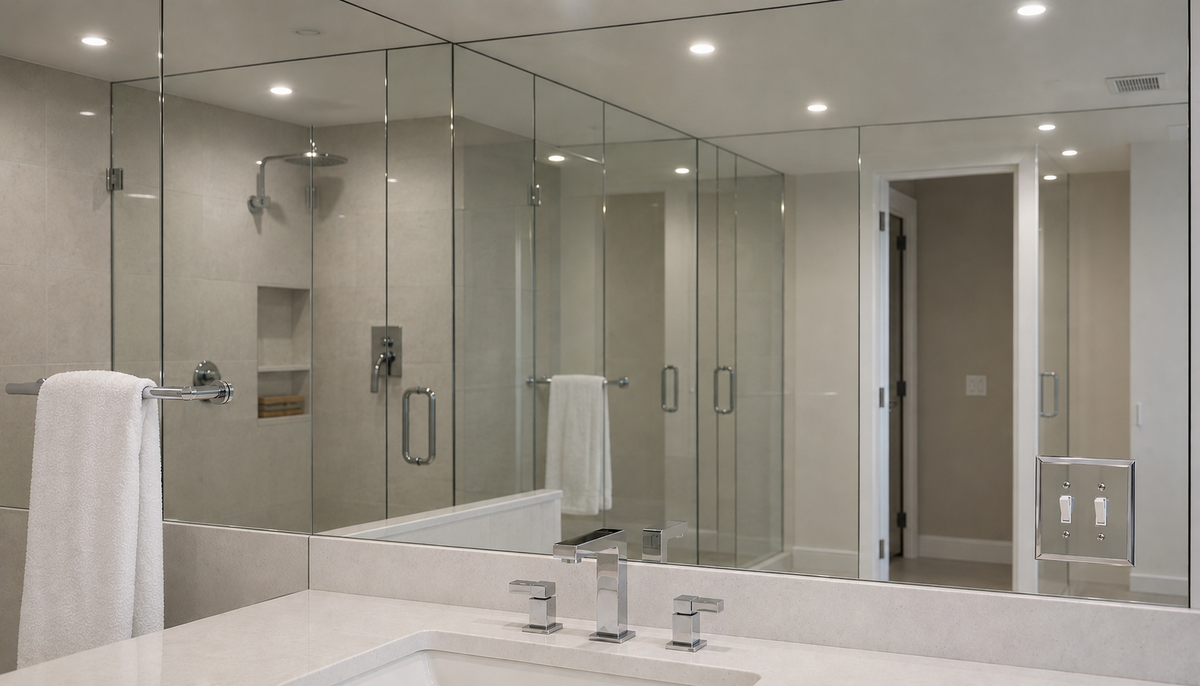 Glass mirror switch plate installed within a bathroom mirror