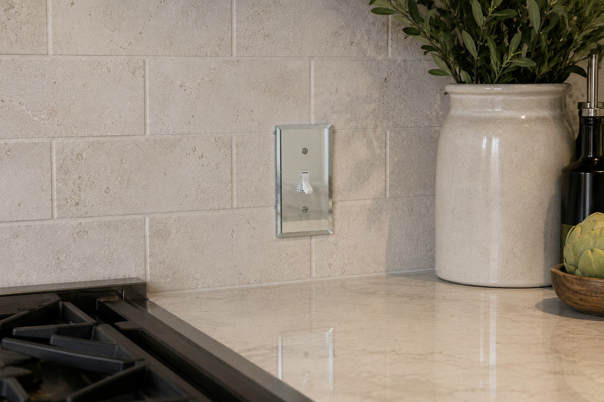 Glass mirror single toggle switch plate on a kitchen backsplash